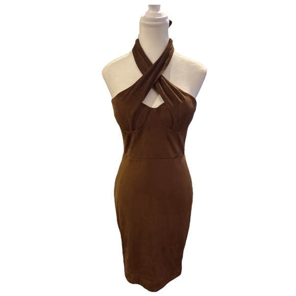 House of CB Camel Suedette Palmira Bustier Bodycon Halter Dress Sz M Mini - Picture 7 of 13
